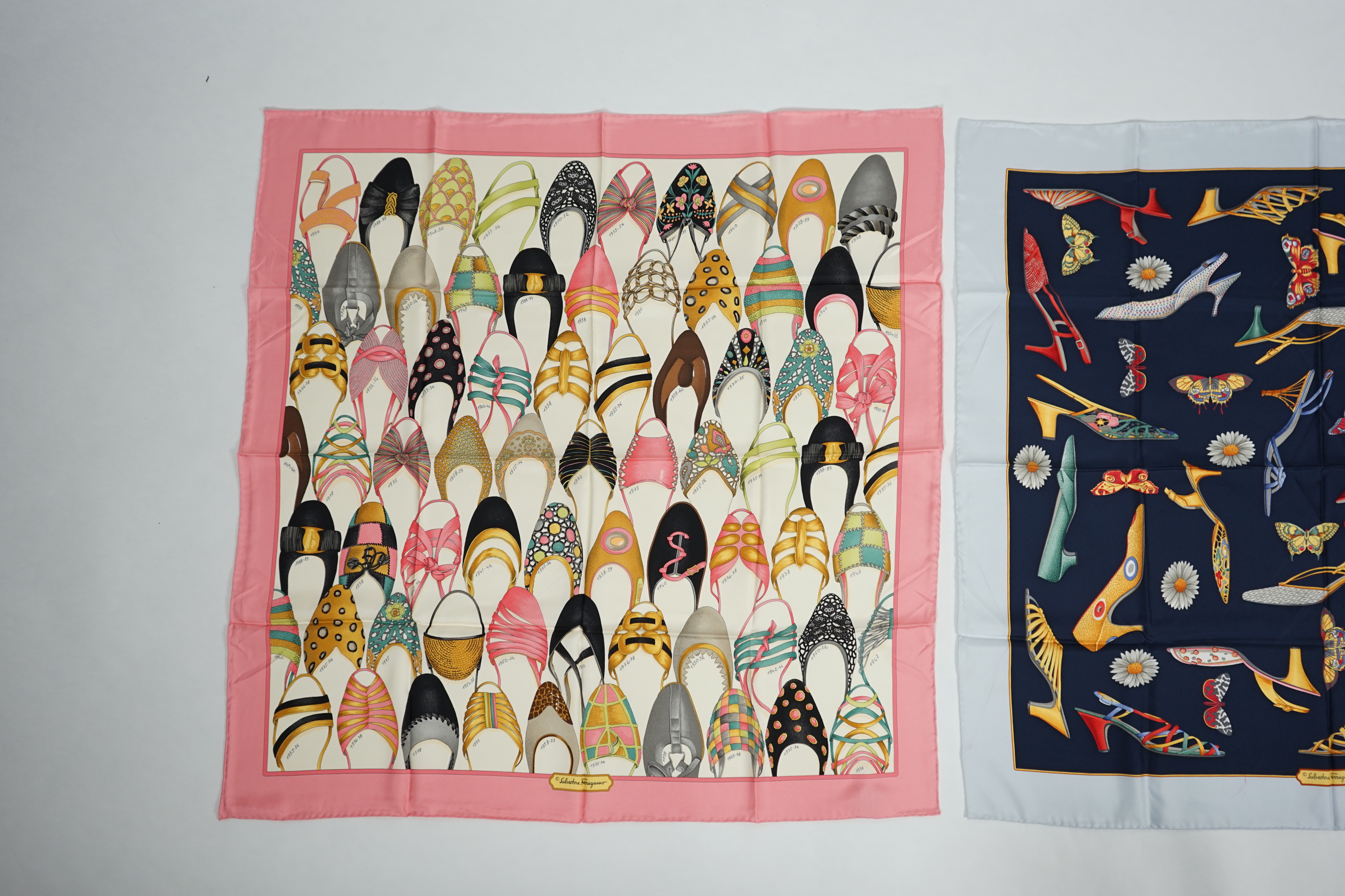 Two Salvador Ferangano shoes, flowers and butterflies silk scarves, 85cm x 85cm
